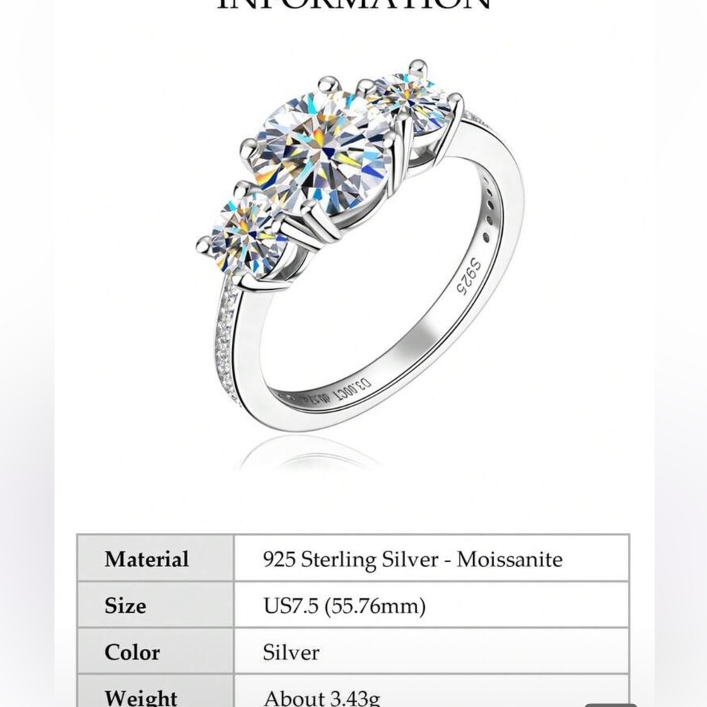 Moissanite Sterling Silver 925 Past, Present, Future Sparkling Ring (size 7.5) - Picture 7 of 7